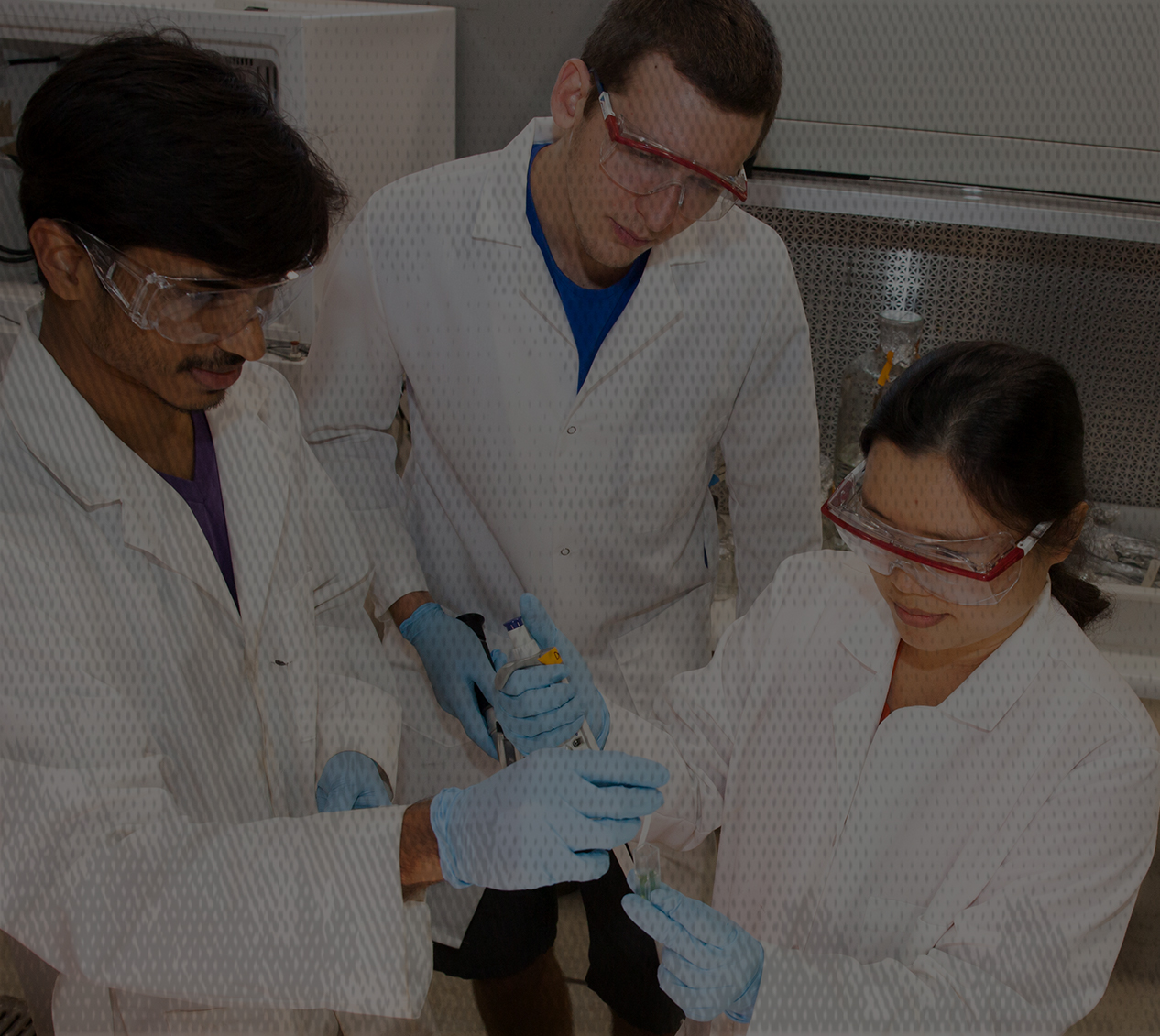白色实验室外套中的三名生物学学生测试液体的pH值
